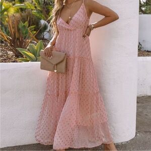 FATHOMS BELOW ADJUSTABLE METALLIC TIERED MAXI DRESS - ROSE